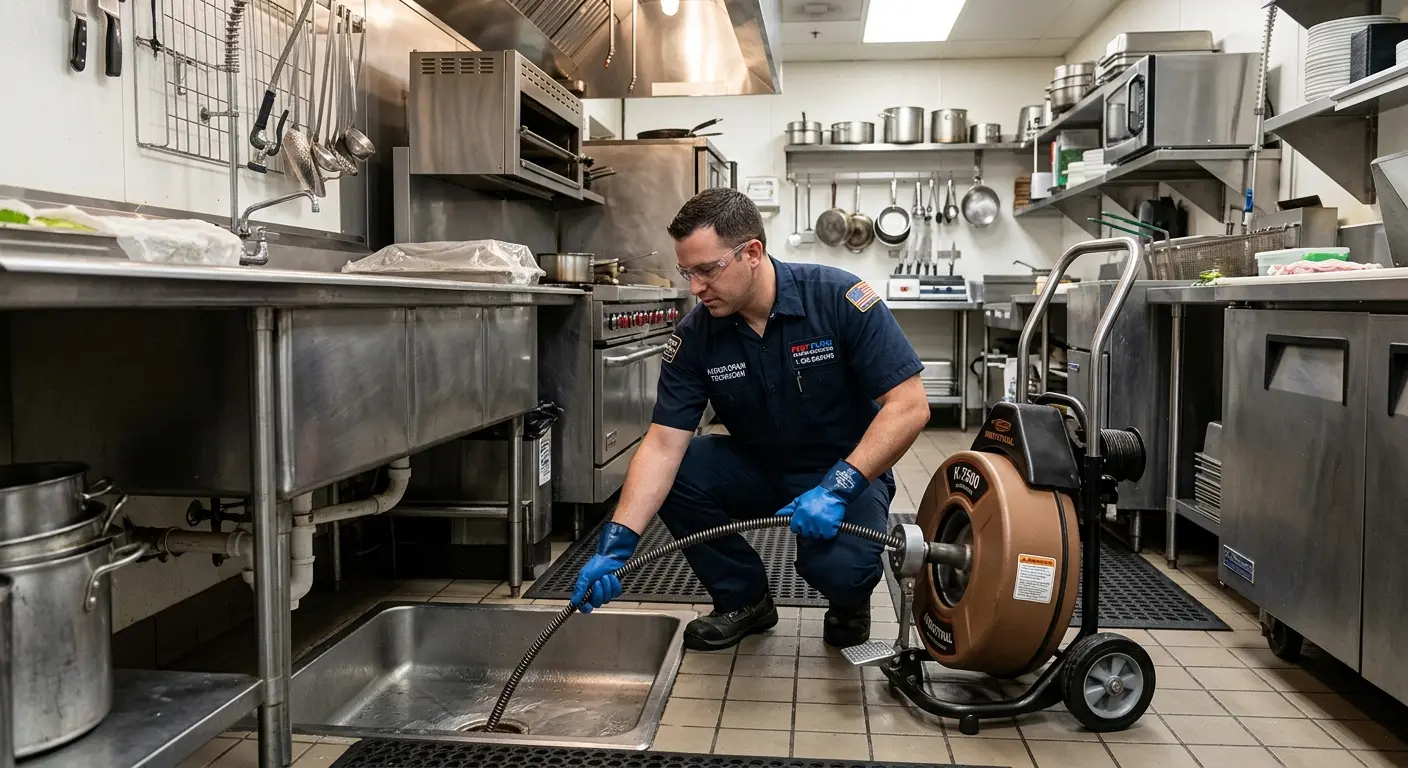 Commercial drain cleaning service in a restaurant kitchen in Johnson Lane
