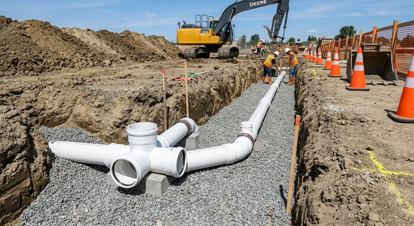 New PVC sewer pipe installation in open trench for Commercial Drain Cleaning in Johnson Lane