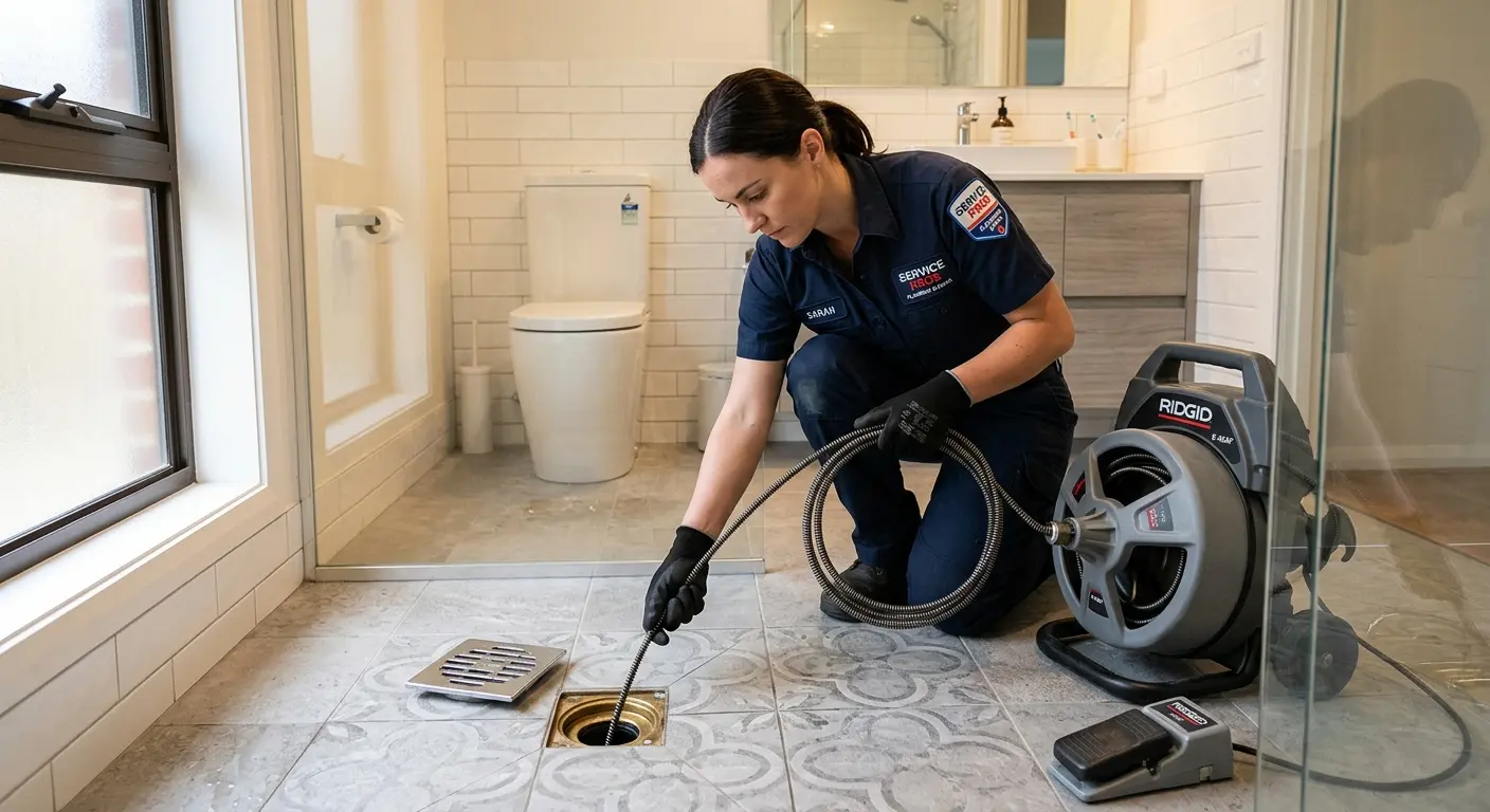 Technician clearing a bathroom floor drain for Sewer Line Replacement in Johnson Lane